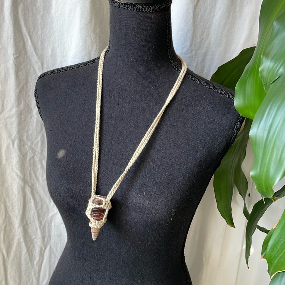 🌊 Handmade  Seashell Necklace - Boho Beach Pendant with Crocheted Cotton Wrap